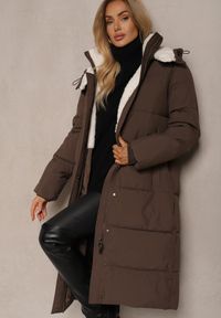 Renee - Brązowa Pikowana Kurtka o Długim Kroju z Odpinanym Kapturem i Kieszeniami Etanore. Okazja: na co dzień. Kolor: brązowy. Materiał: jeans. Długość: długie. Styl: casual, elegancki #2
