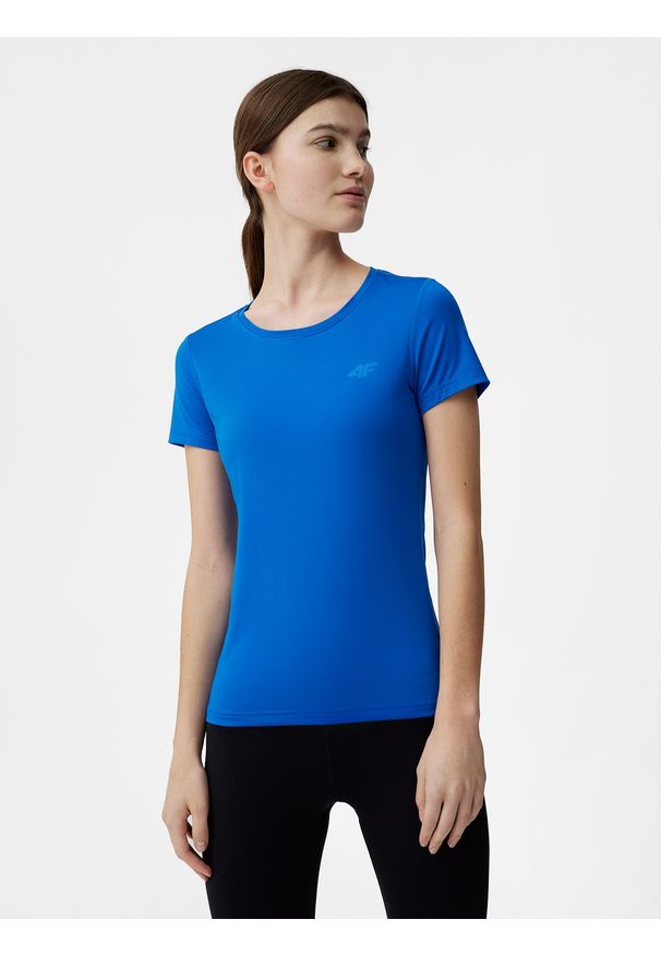 4f - Koszulka treningowa slim szybkoschnąca damska. Kolor: niebieski. Materiał: materiał, dzianina, skóra. Sport: fitness