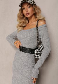 Renee - Szara Sukienka Midi z Prążkowanej Dzianiny Kires. Kolor: szary. Materiał: dzianina, prążkowany. Długość: midi