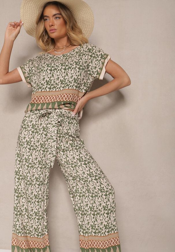 Renee - Zielony Komplet z Bawełny w Print Boho Szerokie Spodnie i Koszulka Telanitha. Kolor: zielony. Materiał: bawełna. Wzór: nadruk