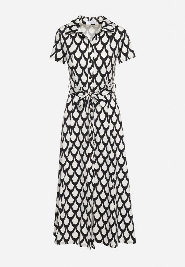 Born2be - Czarno-Biała Koszulowa Sukienka z Kołnierzem i Materiałowym Paskiem w Talii Vranea. Okazja: na co dzień. Typ kołnierza: dekolt w kształcie V. Kolor: czarny. Materiał: materiał. Typ sukienki: koszulowe. Styl: sportowy, casual, elegancki