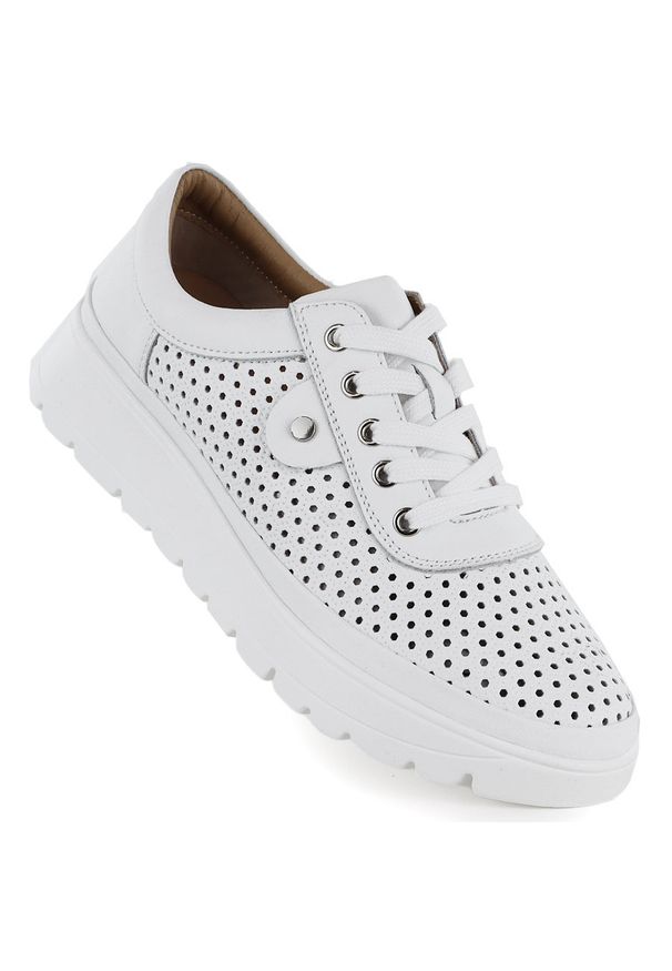 Skórzane półbuty damskie ażurowe białe Vinceza 79629. Kolor: biały. Materiał: skóra. Szerokość cholewki: normalna. Wzór: ażurowy. Obcas: na platformie