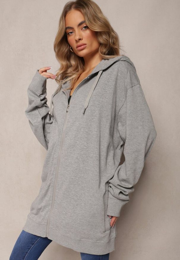 Renee - Szara Bluza Oversize z Kapturem i Zapięciem na Suwak Bilende. Okazja: na co dzień. Typ kołnierza: kaptur. Kolor: szary. Materiał: jeans. Długość rękawa: długi rękaw. Długość: długie. Styl: casual
