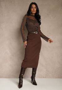 Renee - Brązowa Spódnica o Ołówkowym Kroju z Wiskozą z Paskiem i Rozcięciem Saweda. Okazja: na co dzień. Kolor: brązowy. Materiał: wiskoza. Styl: casual, elegancki #2