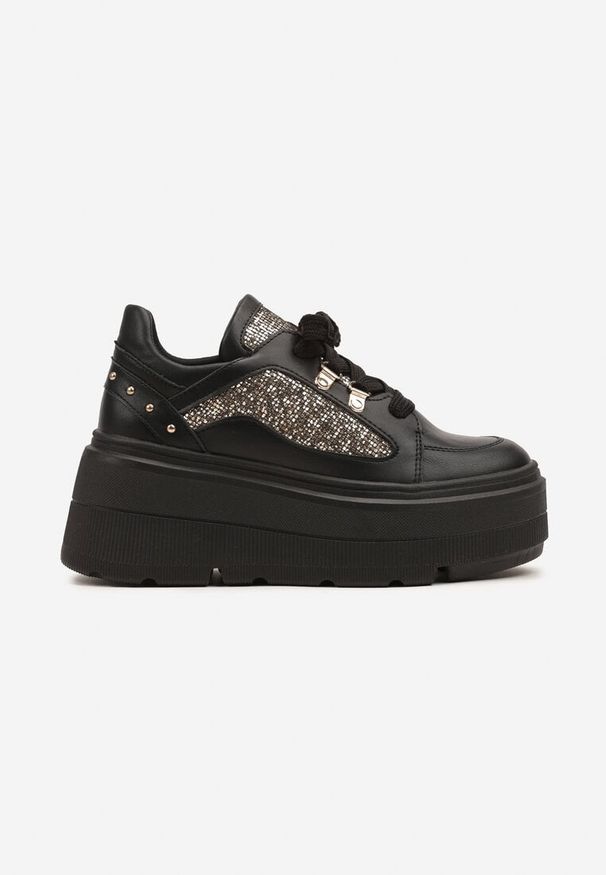 Renee - Czarne Sneakersy Vices na Platformie Ozdobione Brokatem Ldivana. Okazja: na co dzień. Nosek buta: okrągły. Zapięcie: sznurówki. Kolor: czarny. Materiał: jeans. Wzór: aplikacja. Obcas: na platformie