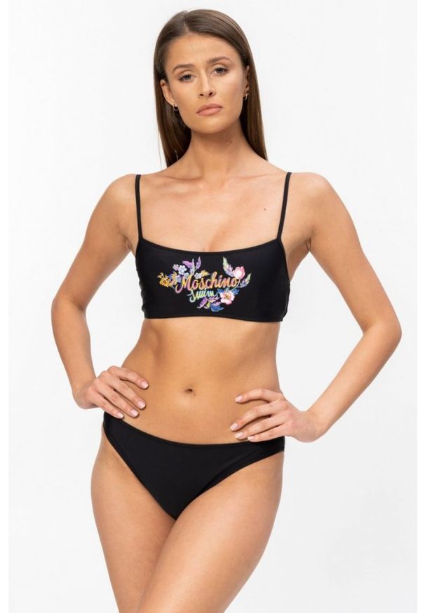 MOSCHINO Czarna góra od bikini z kwiecistym logo, Rozmiar XS. Kolor: czarny. Wzór: kwiaty, nadruk