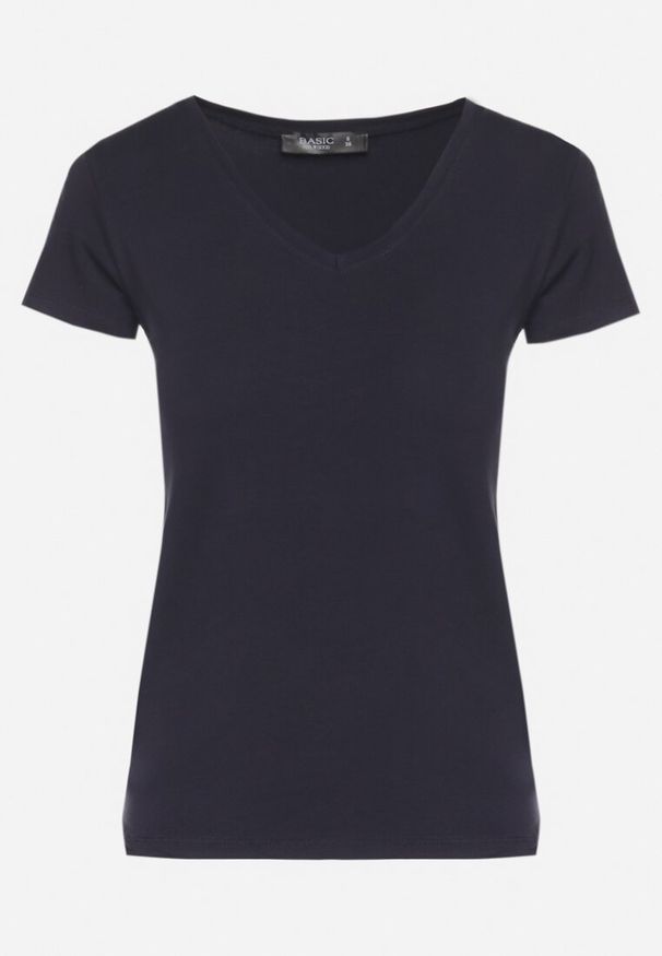 Born2be - Granatowy T-shirt z Bawełny z Dekoltem w Serek Liniviela. Okazja: na co dzień. Typ kołnierza: dekolt w serek. Kolor: niebieski. Materiał: bawełna. Styl: casual