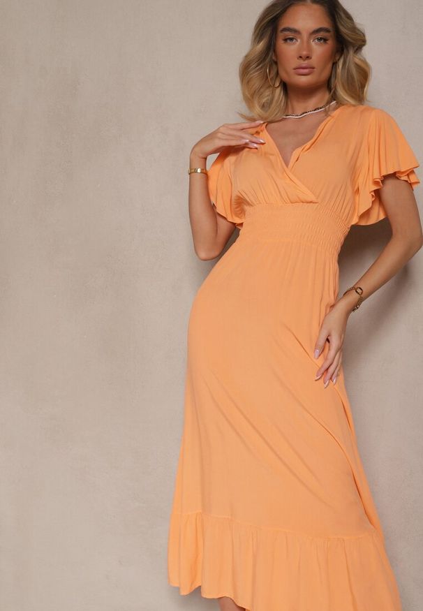 Renee - Pomarańczowa Rozkloszowana Sukienka z Wiskozy z Kopertowym Dekoltem Rellrive. Okazja: na co dzień. Kolor: pomarańczowy. Materiał: wiskoza. Długość rękawa: krótki rękaw. Typ sukienki: kopertowe. Styl: casual, klasyczny