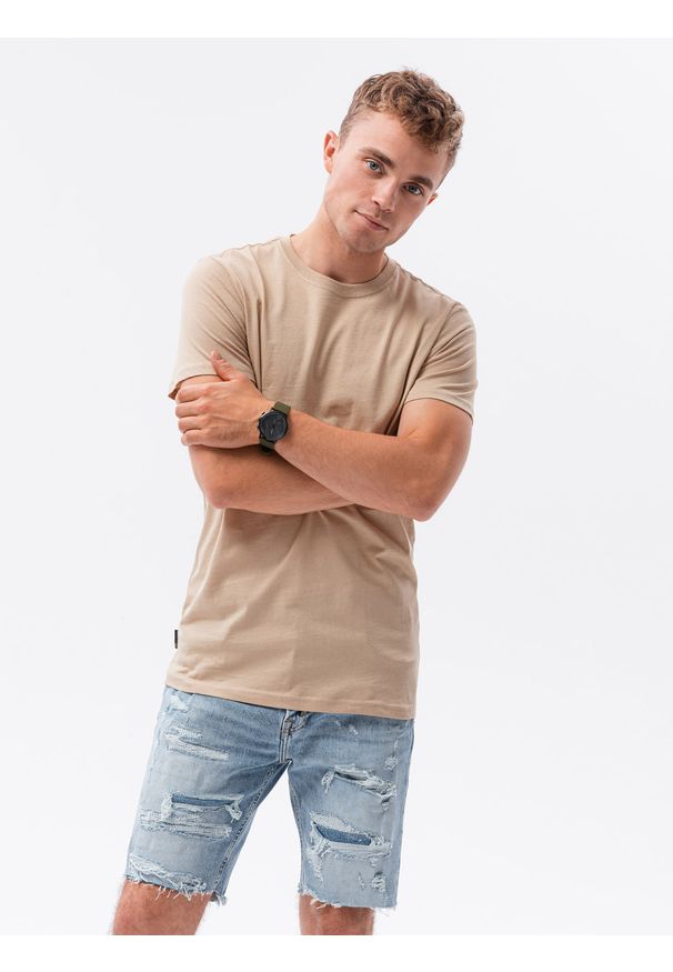 Ombre Clothing - T-shirt męski bawełniany BASIC S1370 - beżowy - XXL. Kolor: beżowy. Materiał: bawełna. Styl: klasyczny