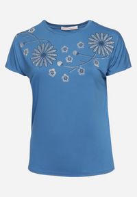 Born2be - Niebieski Bawełniany T-shirt Nietoperz Ozdobiony Cyrkoniami Rinada. Kolor: niebieski. Materiał: bawełna. Wzór: aplikacja. Styl: klasyczny
