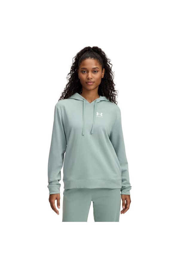 Bluza damska z kapturem Under Armour Rival Terry. Typ kołnierza: kaptur. Kolor: zielony, biały, wielokolorowy. Materiał: materiał