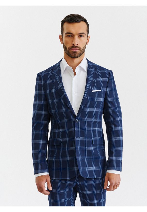 Pako Lorente - PAKO LORENTE – Granatowa marynarka garniturowa w niebieską kratę. Kolor: niebieski. Materiał: poliester, elastan, wiskoza