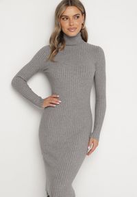 Born2be - Szara Sukienka Prążkowana o Dopasowanym Kroju z Golfem Kaszmirem Bawełną i Wełną Vaithessa. Okazja: na co dzień. Typ kołnierza: golf. Kolor: szary. Materiał: wełna, kaszmir, bawełna, prążkowany. Długość rękawa: długi rękaw. Styl: casual, elegancki