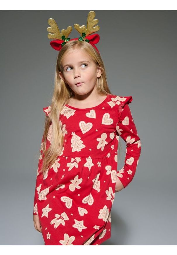 Sinsay - Sukienka z ozdobnymi falbanami na rękawach - czerwony. Kolor: czerwony