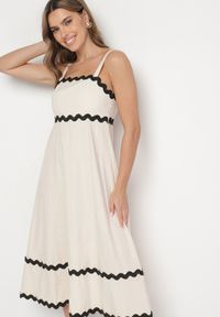 Born2be - Beżowa Sukienka z Bawełną Wiskozą na Ramiączkach z Lamówką Ilanise. Okazja: na spacer, na co dzień. Kolor: beżowy. Materiał: wiskoza, bawełna. Długość rękawa: na ramiączkach. Wzór: aplikacja. Sezon: lato. Typ sukienki: proste. Styl: elegancki, casual #2