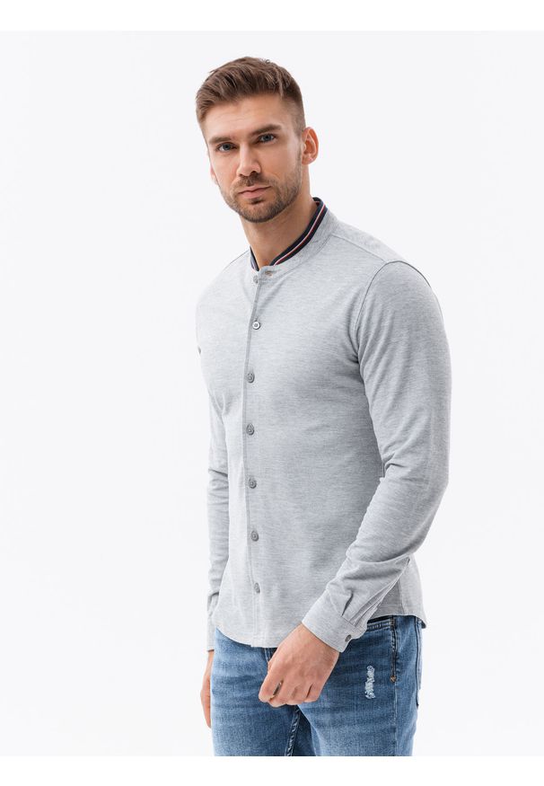 Ombre Clothing - Koszula męska dzianinowa z długim rękawem - szara V5 - Rozmiar: M. Typ kołnierza: kołnierzyk stójkowy. Kolor: szary. Materiał: dzianina. Długość rękawa: długi rękaw. Długość: długie. Wzór: kolorowy