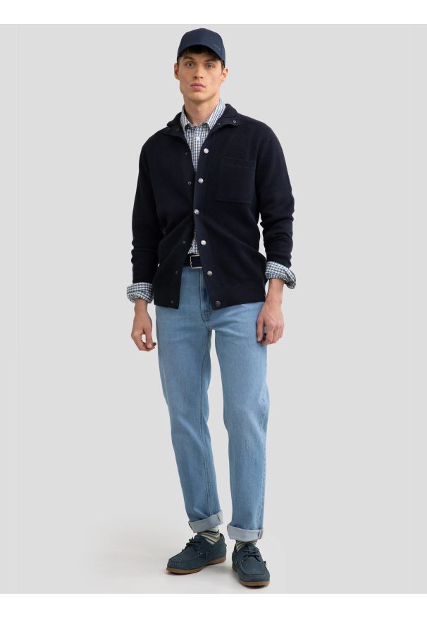 Big-Star - Kardigan męski na zatrzaski granatowy Harold 403. Kolor: niebieski. Materiał: dzianina, jeans. Wzór: ze splotem. Styl: retro, elegancki