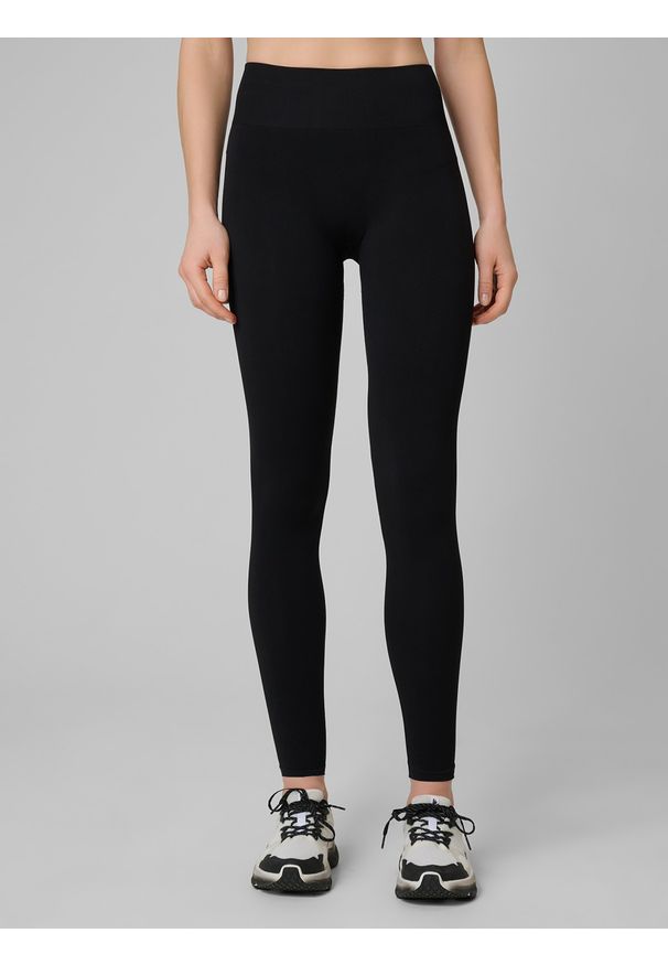 4f - 4F Legginsy treningowe bezszwowe damskie - czarne XS/S. Stan: podwyższony. Kolor: czarny. Materiał: skóra. Długość: długie. Sport: fitness