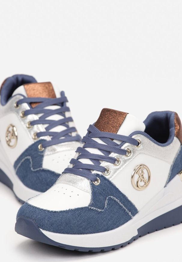 Renee - Granatowe Sneakersy Sznurowane Ozdobione Brokatem na Koturnie Eminalla. Kolor: niebieski. Wzór: aplikacja. Obcas: na koturnie