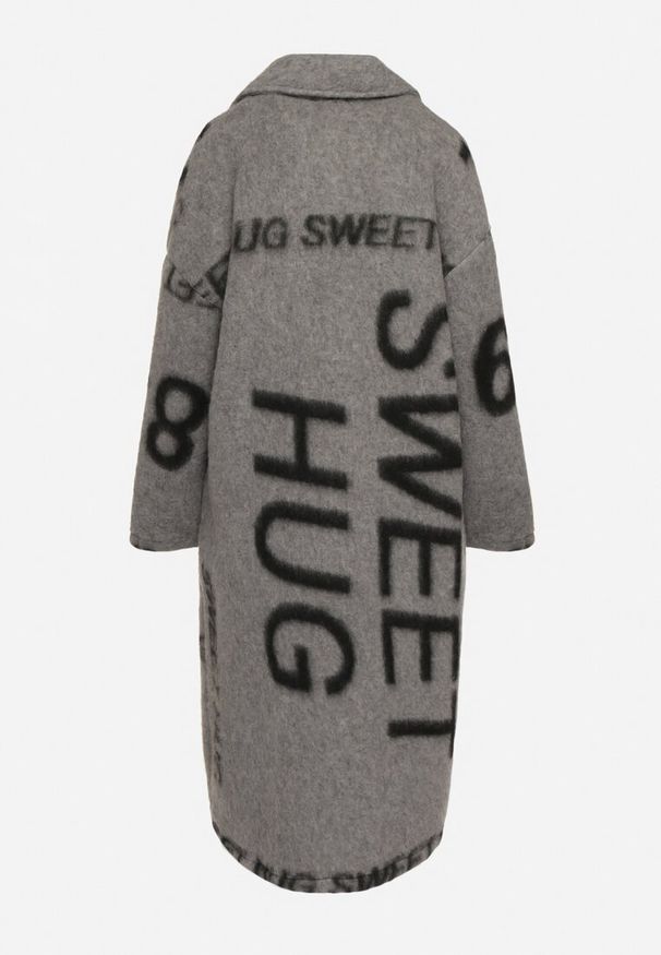 Born2be - Szary Wełniany Płaszcz w Ozdobny Nadruk Yemanella. Kolor: szary. Materiał: wełna. Wzór: nadruk