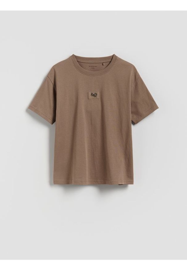 Reserved - Bawełniany t-shirt oversize - beżowy. Kolor: beżowy. Materiał: bawełna