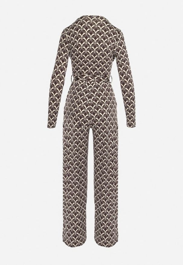 Born2be - Brązowy Wzorzysty Kombinezon z Trójkątnym Dekoltem i Paskiem w Talii Ronela. Kolor: brązowy. Wzór: aplikacja