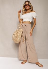 Renee - Beżowe Bawełniane Spodnie Palazzo High Waist z Gumką w Pasie Gitanea. Okazja: na co dzień. Stan: podwyższony. Kolor: beżowy. Materiał: bawełna. Sezon: lato. Styl: elegancki, casual