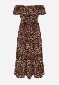 Born2be - Brązowa Sukienka Hiszpanka w Panterkę o Rozkloszowanym Kroju z Gumką w Talii Giterta. Okazja: na co dzień. Typ kołnierza: dekolt hiszpanka. Kolor: brązowy. Wzór: motyw zwierzęcy. Typ sukienki: rozkloszowane. Styl: casual, elegancki #4