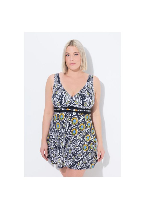 ULLA POPKEN - Damska Sukienka Kąpielowa paw miękkie miseczki podszewka Powermesh. Kolekcja: plus size. Kolor: czarny. Materiał: poliamid, materiał, elastan