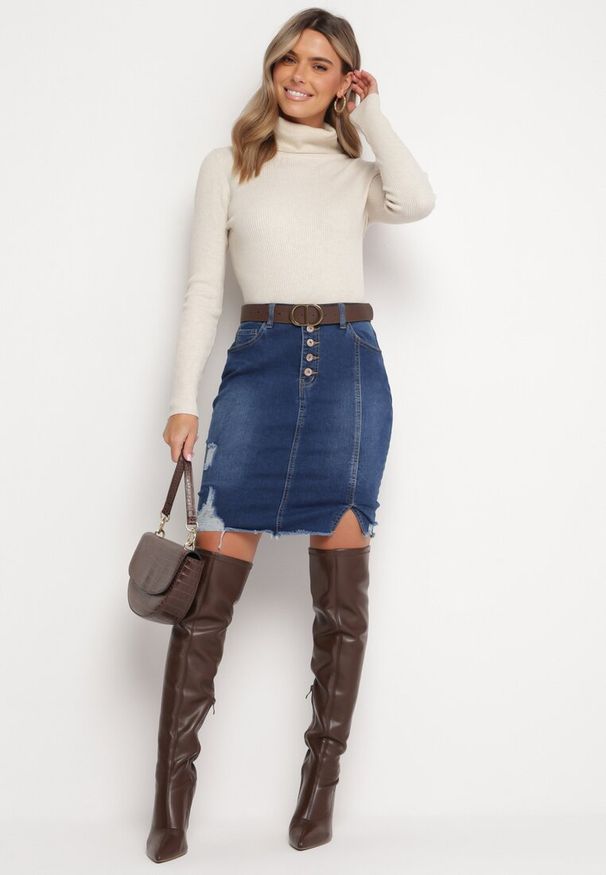 Born2be - Granatowa Jeansowa Spódnica Mini na Guziki Blunira. Kolor: niebieski. Materiał: jeans. Wzór: aplikacja. Styl: elegancki
