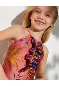 ZIMMERMANN KIDS - Jednoczęściowy strój kąpielowy z żabotem 4-10 lat. Kolor: wielokolorowy, fioletowy, różowy. Materiał: lycra. Wzór: nadruk, kwiaty, aplikacja