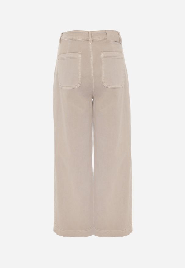 Renee - Beżowe Jeansy High Waist Wide Leg z Bawełny z Naszytymi Kieszonkami Yrelelin. Okazja: na co dzień. Stan: podwyższony. Kolor: beżowy. Długość: krótkie. Wzór: aplikacja. Styl: casual