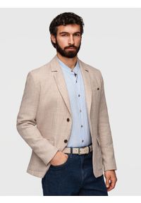 Ombre Clothing - Męska marynarka o kroju REGULAR z lnem - jasnobeżowa V2 - Rozmiar: L. Okazja: do pracy. Kolor: beżowy. Materiał: len. Wzór: aplikacja. Styl: elegancki, klasyczny