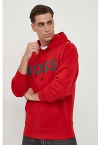 BOSS Orange - BOSS bluza bawełniana BOSS ORANGE męska kolor czerwony z kapturem z nadrukiem. Typ kołnierza: kaptur. Kolor: czerwony. Materiał: bawełna. Wzór: nadruk
