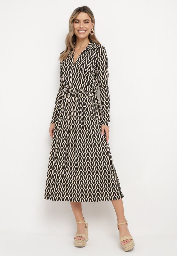 Born2be - Beżowo-Czarna Sukienka w Tygrysie Paski Chalmo. Okazja: na co dzień. Typ kołnierza: dekolt w serek. Kolor: beżowy. Długość rękawa: długi rękaw. Wzór: paski. Typ sukienki: proste. Styl: casual, klasyczny