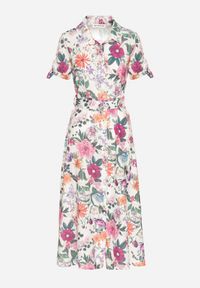 Born2be - Jasnobeżowa Rozkloszowana Sukienka o Koszulowym Kroju z Paskiem w Kwiatowy Wzór Fevelorine. Okazja: na co dzień. Kolor: beżowy. Wzór: kwiaty. Typ sukienki: koszulowe. Styl: casual #2