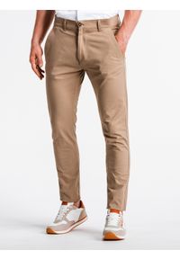 Ombre Clothing - Spodnie męskie chino P830 - beżowe - XL. Kolor: beżowy. Materiał: bawełna, tkanina, elastan. Styl: klasyczny, elegancki #1