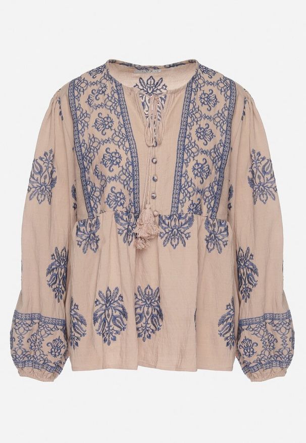Born2be - Brązowa Rozkloszowana Bluzka Boho z Wiskozą Zdobiona Haftami i Wiązaniem Nilnella. Okazja: na co dzień. Kolor: brązowy. Materiał: wiskoza. Wzór: aplikacja, haft. Styl: boho