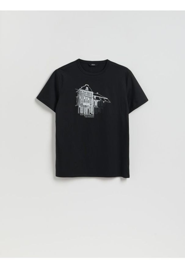 Reserved - T-shirt slim z bawełny merceryzowanej - czarny. Kolor: czarny. Materiał: bawełna