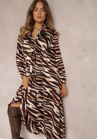 Renee - Brązowo-Beżowa Sukienka Rozkloszowana w Tygrysie Paski Cazoni. Kolor: brązowy. Materiał: tkanina. Wzór: paski #1