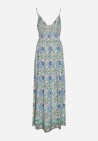 Born2be - Zielono-Niebieska Wiskozowa Sukienka Boho na Ramiączkach z Gumką w Pasie Elorea. Kolor: zielony. Materiał: wiskoza. Długość rękawa: na ramiączkach. Sezon: lato. Styl: boho