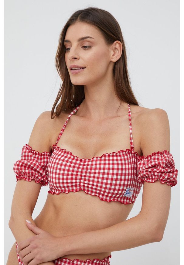 TOMMY HILFIGER - Tommy Hilfiger biustonosz kąpielowy kolor czerwony miękka miseczka. Kolor: czerwony. Materiał: dzianina