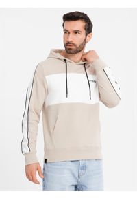Ombre Clothing - Bawełniana męska bluza z kapturem z kontrastującymi elementami - beżowa V2 - Rozmiar: XXL. Okazja: na co dzień. Typ kołnierza: kaptur. Kolor: biały. Materiał: bawełna. Wzór: napisy. Styl: sportowy, casual #4