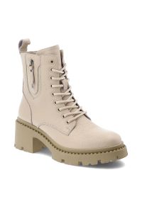 Beżowe Botki Vinceza Ocieplane Obuwie Damskie. Okazja: na co dzień. Zapięcie: sznurówki. Kolor: beżowy. Materiał: skóra. Obcas: na obcasie. Styl: casual, elegancki. Wysokość obcasa: średni #2