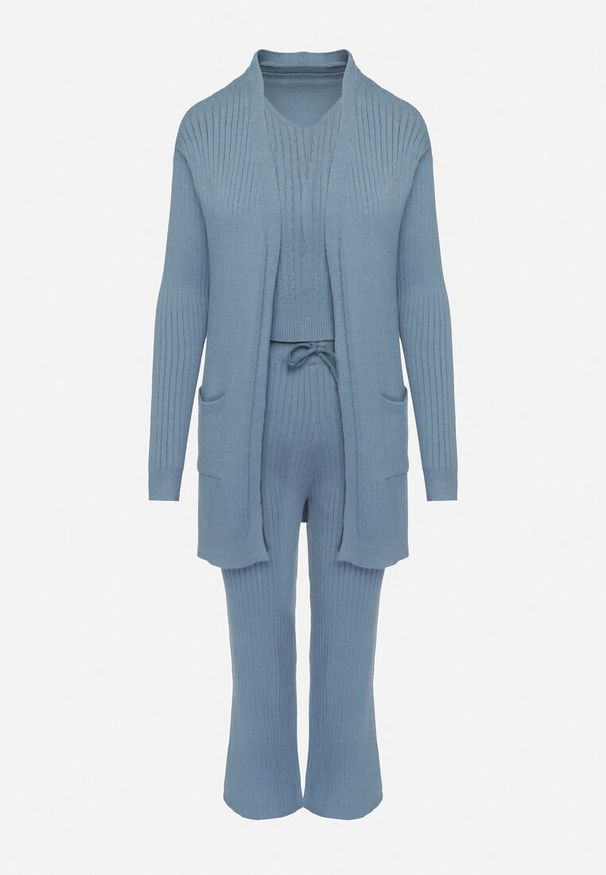 Born2be - Niebieski Komplet Dzianinowy Niezapinany Kardigan Bluzka bez Rękawów i Szerokie Spodnie Irissarae. Kolor: niebieski. Materiał: dzianina