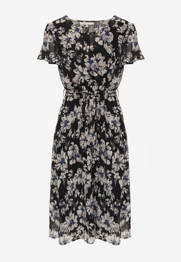 Born2be - Czarna Kopertowa Sukienka w Kwiaty z Wiązanym Paskiem i Brokatem Hilingea. Okazja: na imprezę, do pracy, na co dzień. Kolor: czarny. Wzór: kwiaty. Typ sukienki: kopertowe. Styl: casual, elegancki. Długość: midi