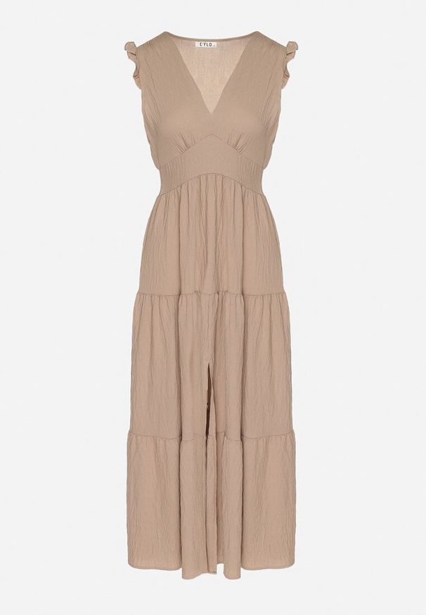 Born2be - Beżowa Wiskozowa Sukienka z Falbankami Sadoline. Okazja: na co dzień. Typ kołnierza: kołnierz z falbankami. Kolor: beżowy. Materiał: wiskoza. Styl: boho, casual