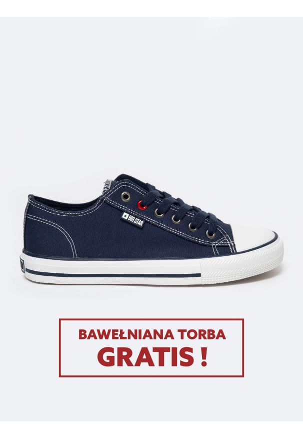 Big-Star - Trampki męskie niskie granatowe JJ174606 403. Okazja: na imprezę, na uczelnię, do pracy. Kolor: niebieski. Materiał: bawełna, len, materiał, jeans. Styl: klasyczny