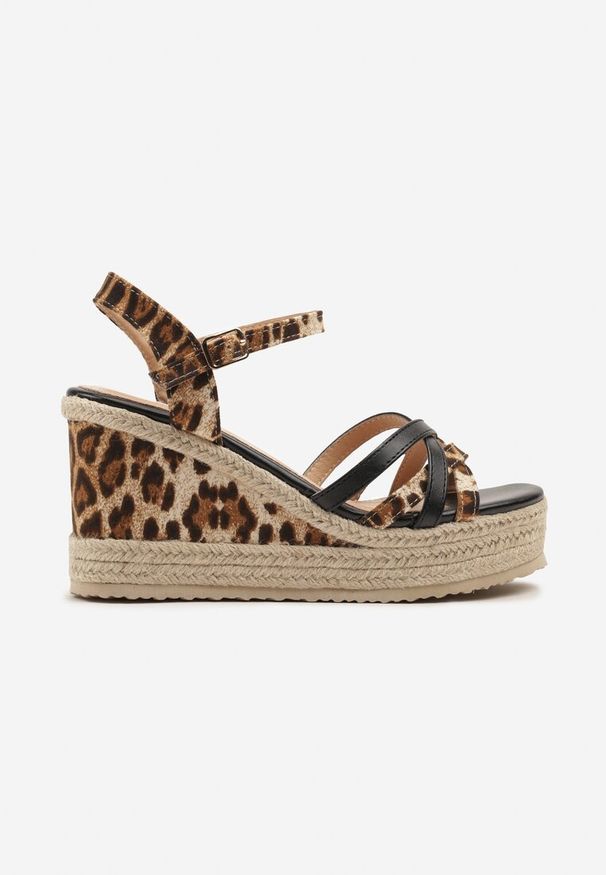 Renee - Czarne Sandały w Panterkę na Plecionym Koturnie z Ozdobnymi Paskami Tananira. Okazja: na spacer, na imprezę, na co dzień. Zapięcie: pasek. Kolor: czarny. Wzór: motyw zwierzęcy. Sezon: lato. Obcas: na koturnie. Styl: casual, wizytowy