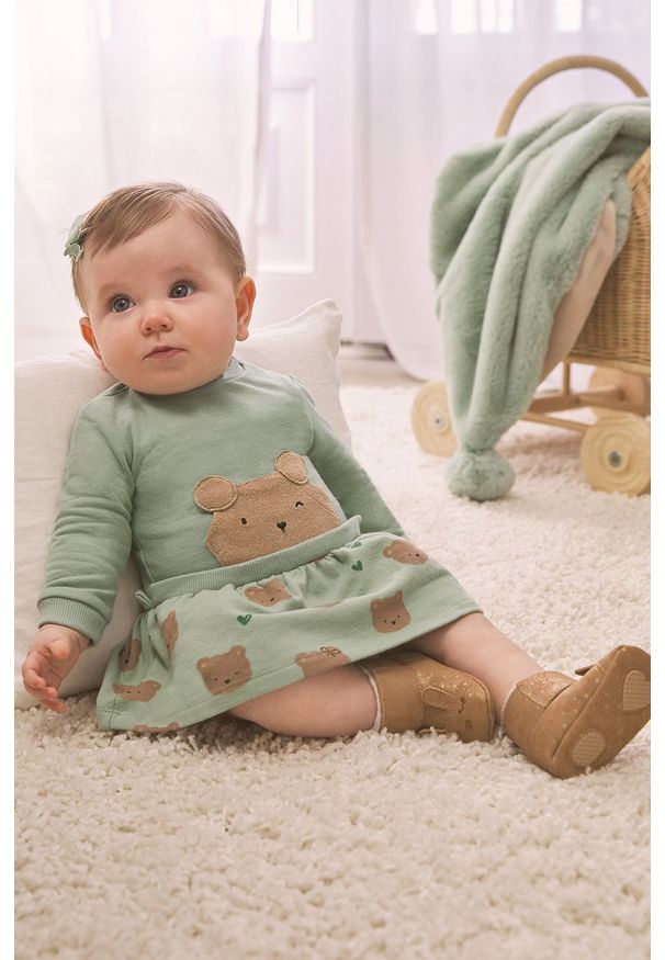 Mayoral Newborn sukienka dziecięca kolor zielony mini rozkloszowana. Kolor: zielony. Długość rękawa: długi rękaw. Wzór: aplikacja. Typ sukienki: rozkloszowane. Długość: mini